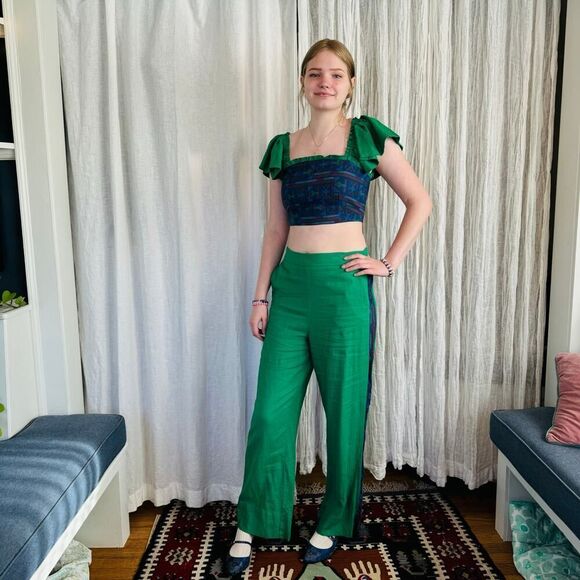 Rachel Zoe Linen Cropped Top and Pants Size Medium Green and Blue Set - Picture 1 of 8